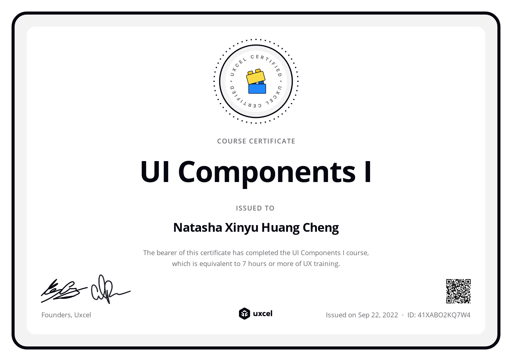 Natasha Xinyu Huang Cheng's certificate
